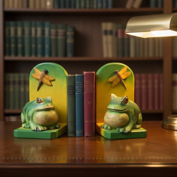 Vintage Frog Bookends, Rustic Hand Painted Wood Frog Decor with Dragonfly Accent - Picture 4 of 8